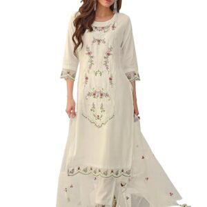 VredeVogel Women's Silk Blend Embroidery Regular Kurta Pant Set With Inner & Organza Dupatta