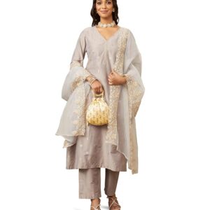 Myx Women's Solid Regular Embroidered Kurta Pant Set with Organza Dupatta