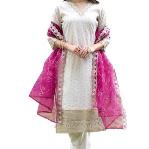 VredeVogel Women's Chanderi Silk Embroidered Kurta with Pant & Organza Dupatta Set