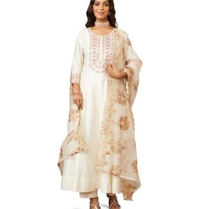 Myx Women's Solid Straight Embroidered Kurta Pant Set with Organza Dupatta